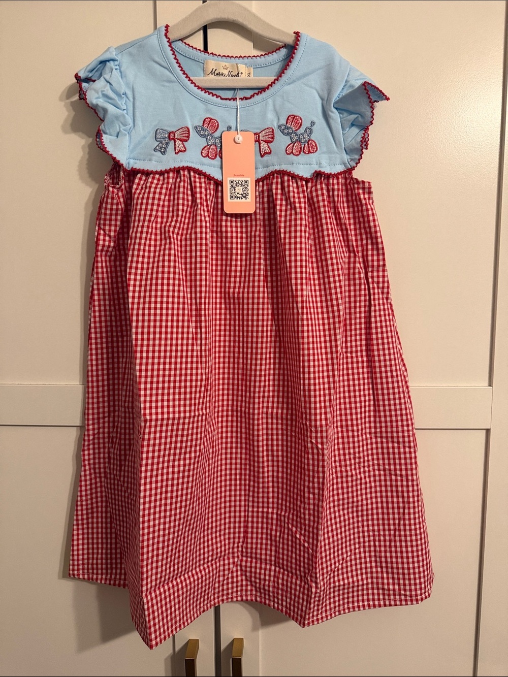 Blue & Red Gingham Girls Dress with Bow Embroidery